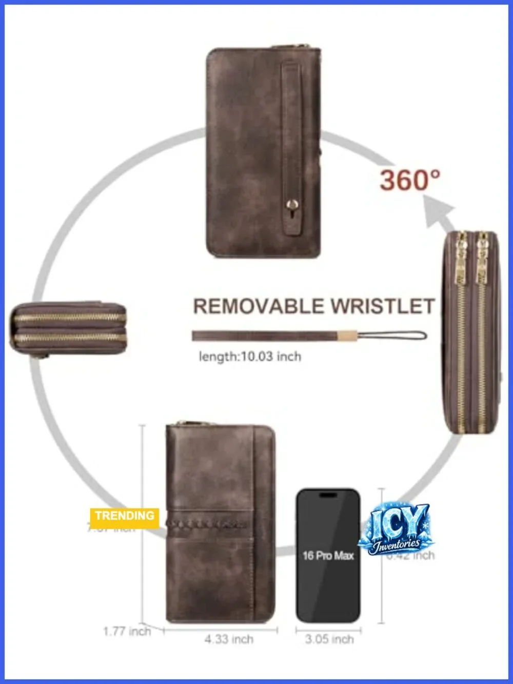 Vegan Leather RFID Wristlet Wallet Clutch 24 Card Slots 2 Zipper Pockets